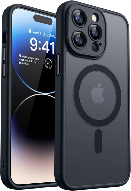 Magnetic Protective Case for iPhone 14 Pro (6.1 Inch) - Upgraded Full Camera Protection, MagSafe Compatible, Translucent Matte Finish, Shockproof - Black