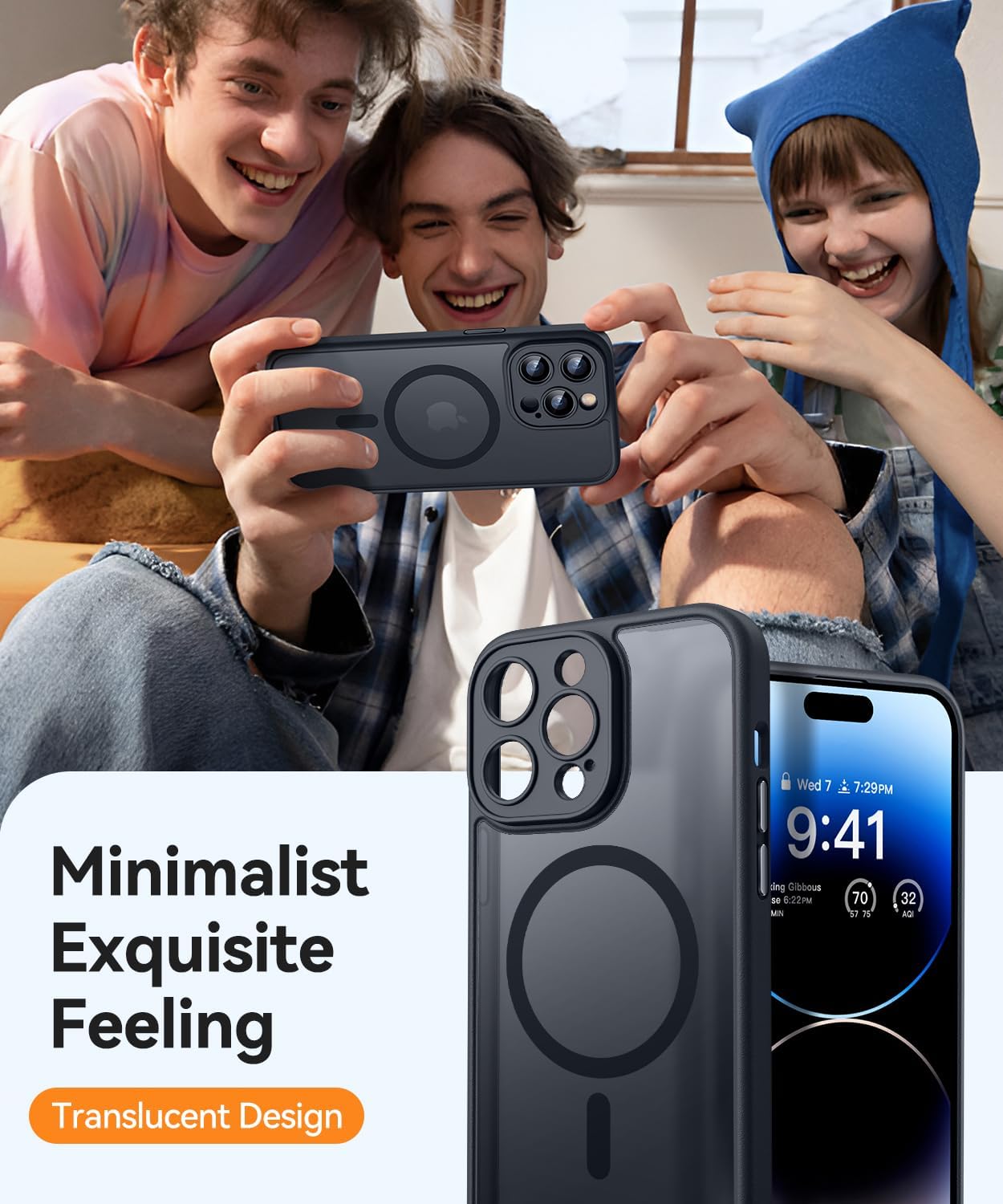 Magnetic Protective Case for iPhone 14 Pro (6.1 Inch) - Upgraded Full Camera Protection, MagSafe Compatible, Translucent Matte Finish, Shockproof - Black