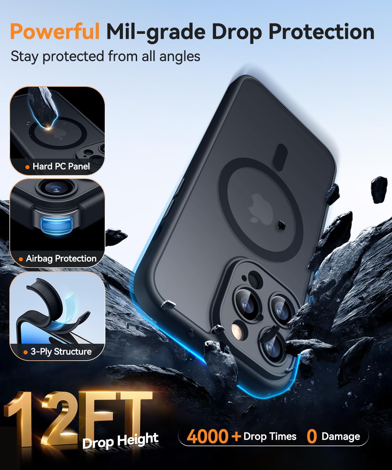 Magnetic Protective Case for iPhone 14 Pro (6.1 Inch) - Upgraded Full Camera Protection, MagSafe Compatible, Translucent Matte Finish, Shockproof - Black